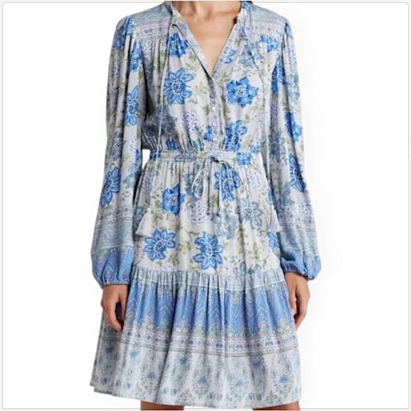 Lucky Brand Blue Floral Pattern Elastic Waist Long Sleeve Bohemian Dress NWT L - Picture 2 of 7